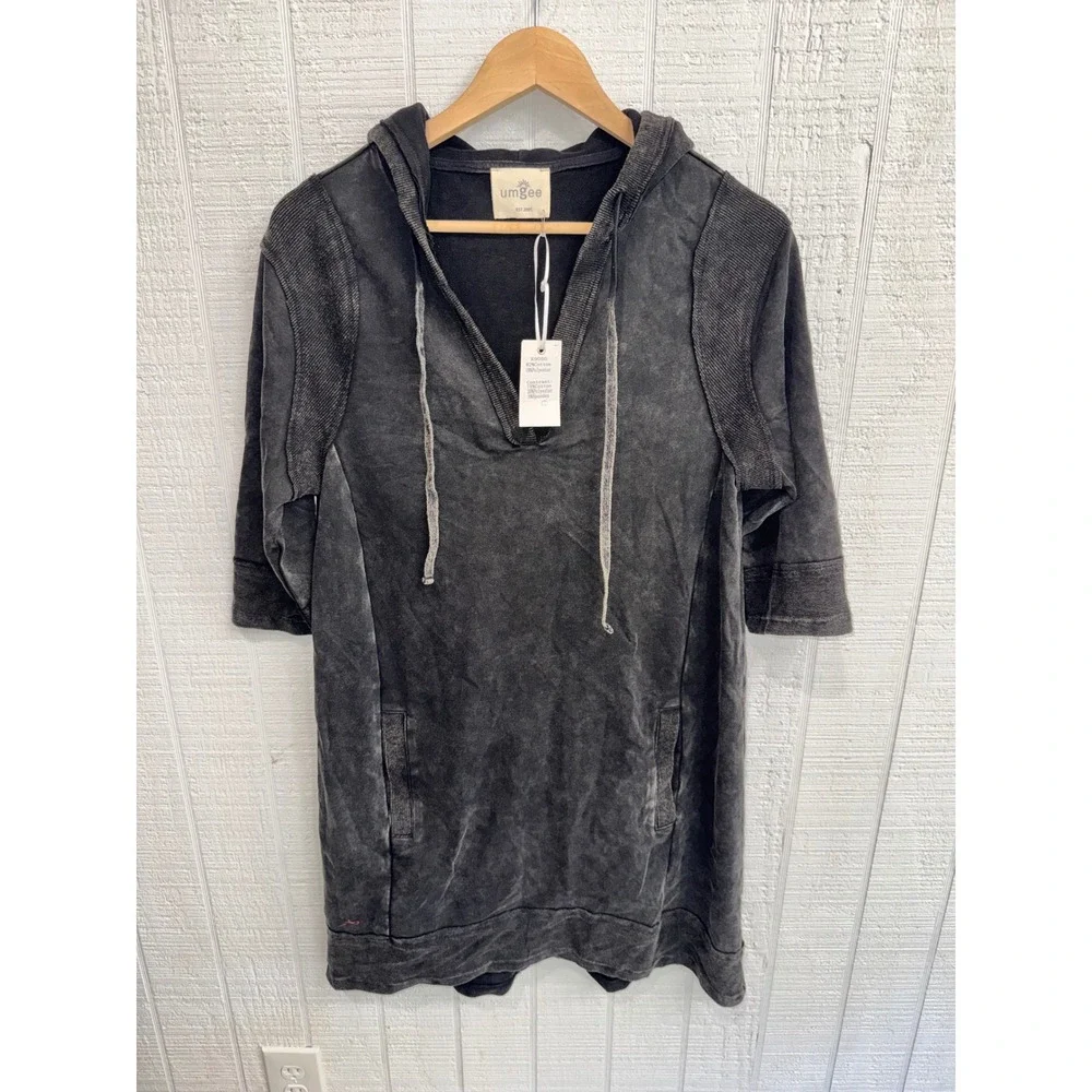 Umgee Hoodie Dress Womens Charcoal Gray Mineral Wash Ribbed Knit Mini S/M - Picture 1 of 7